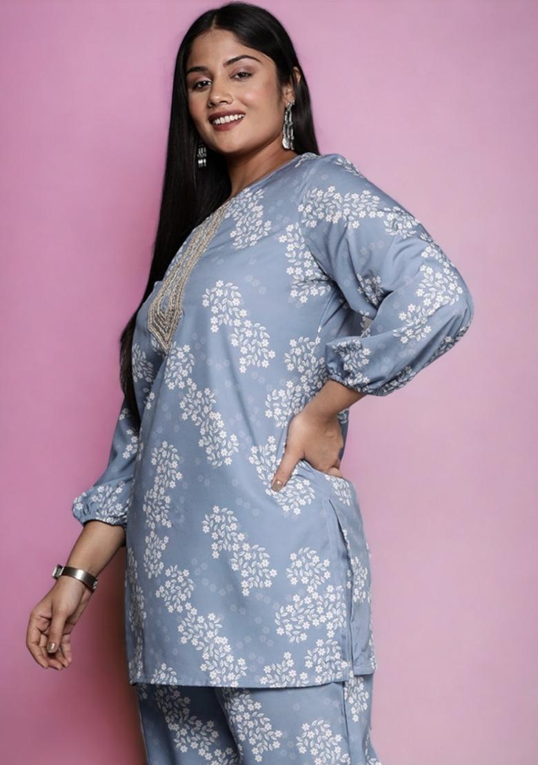 Grey Abstract Print Crepe Short Kurtra