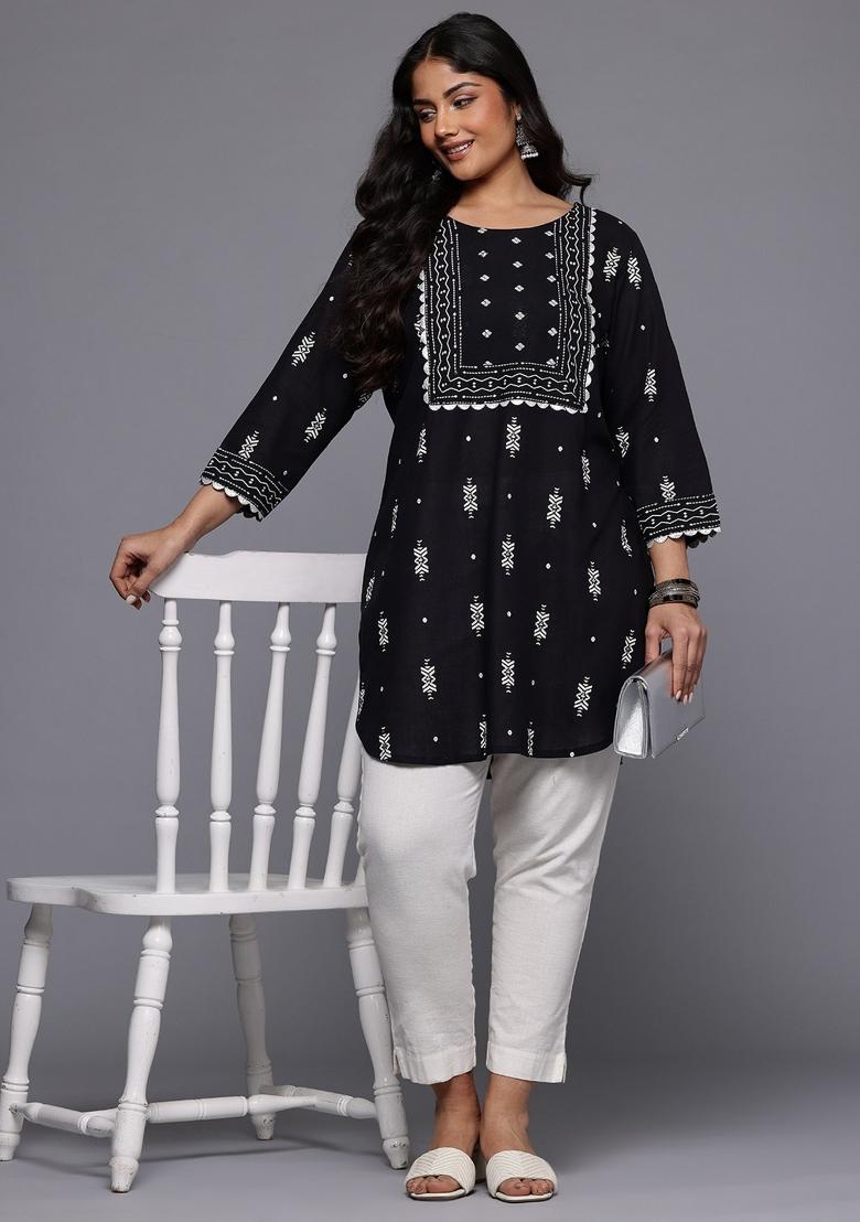 Black Abstract Print Cotton Short Kurtra