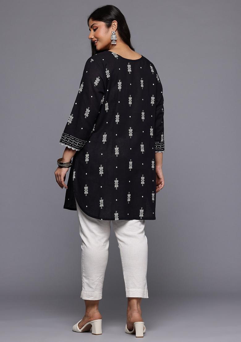 Black Abstract Print Cotton Short Kurtra