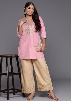 Pink Abstract Print Polyester Short Kurtra