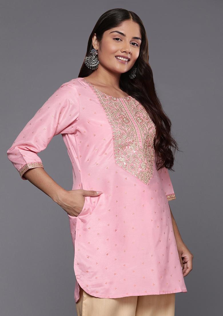 Pink Abstract Print Polyester Short Kurtra