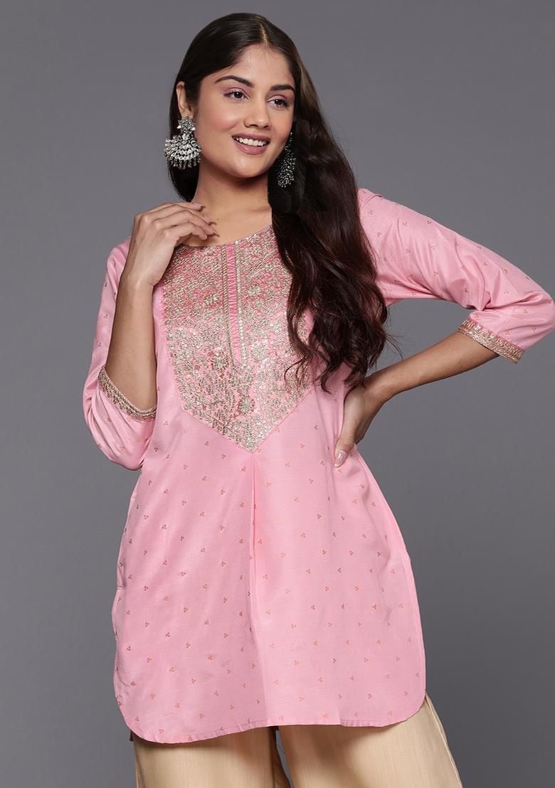 Pink Abstract Print Polyester Short Kurtra