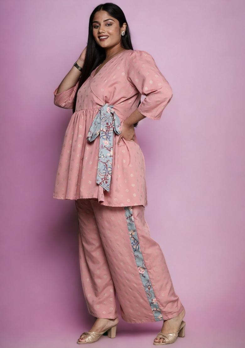 Pink Abstract Print Rayon Short Kurtra