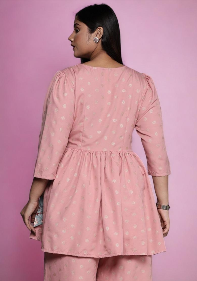 Pink Abstract Print Rayon Short Kurtra