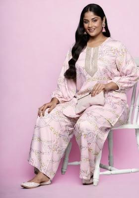 Pink Abstract Print Crepe Short Kurtra