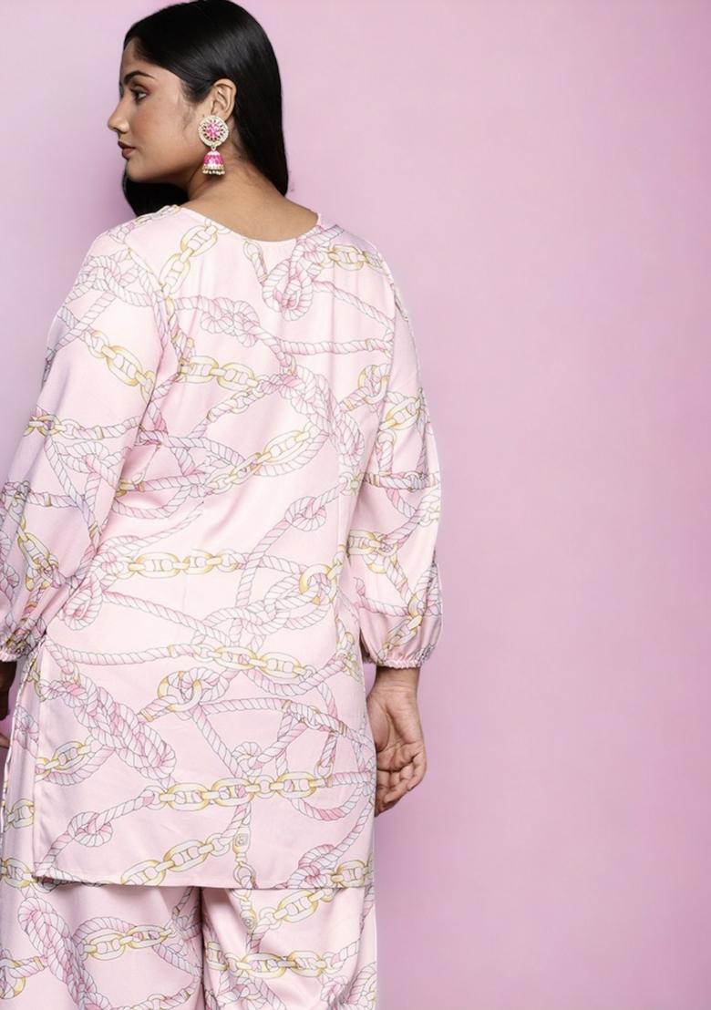 Pink Abstract Print Crepe Short Kurtra