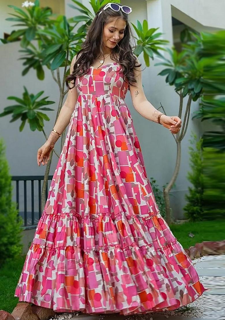 Pink Abstract Print Rayon Dress