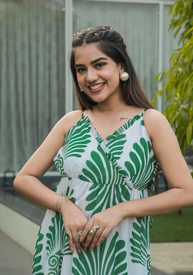 Green Abstract Print Rayon Dress