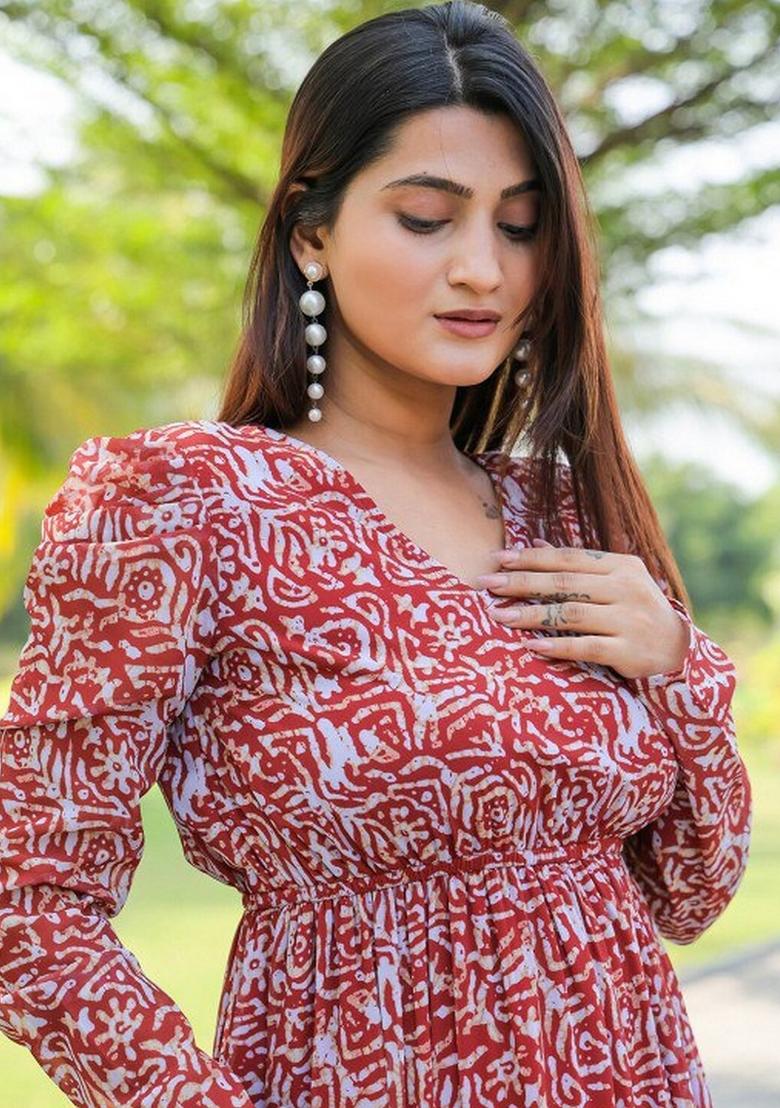 Maroon Abstract Print Rayon Dress