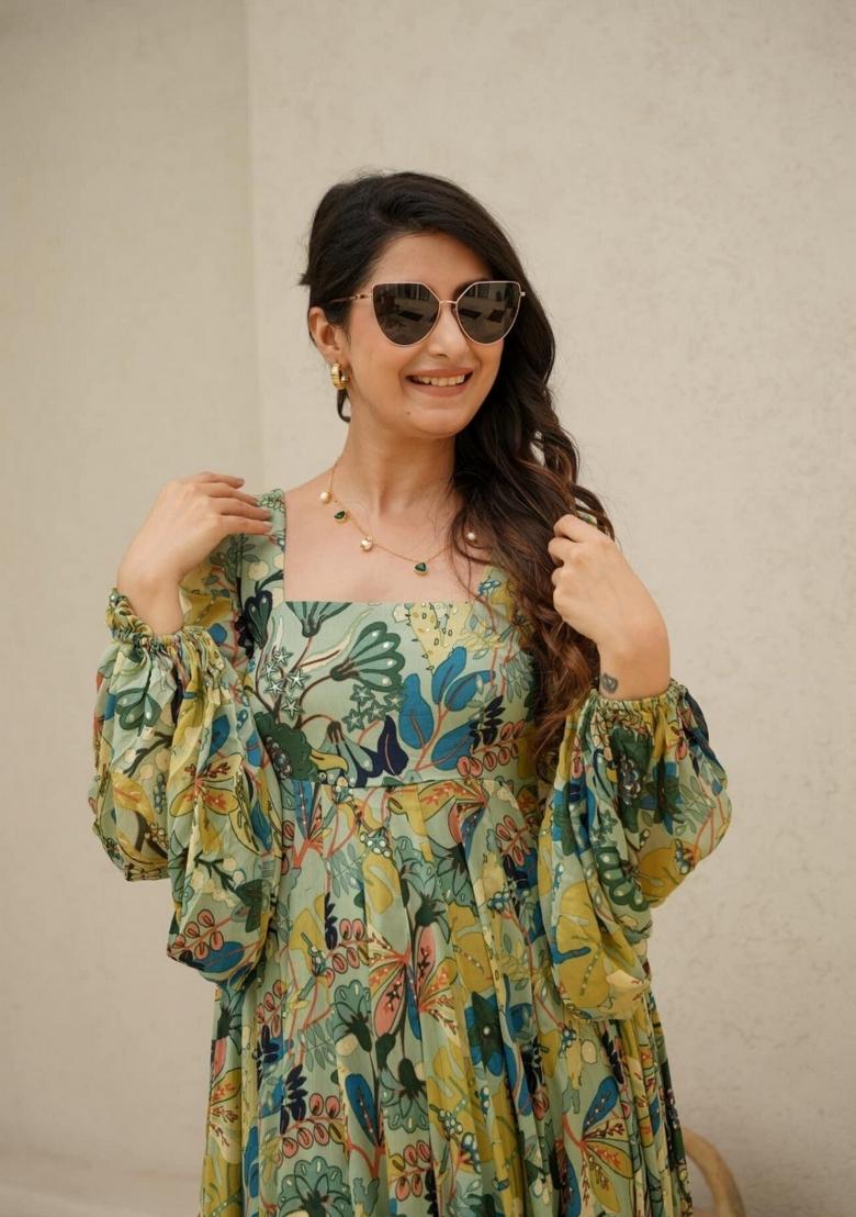 Green Abstract Print Rayon Kurta