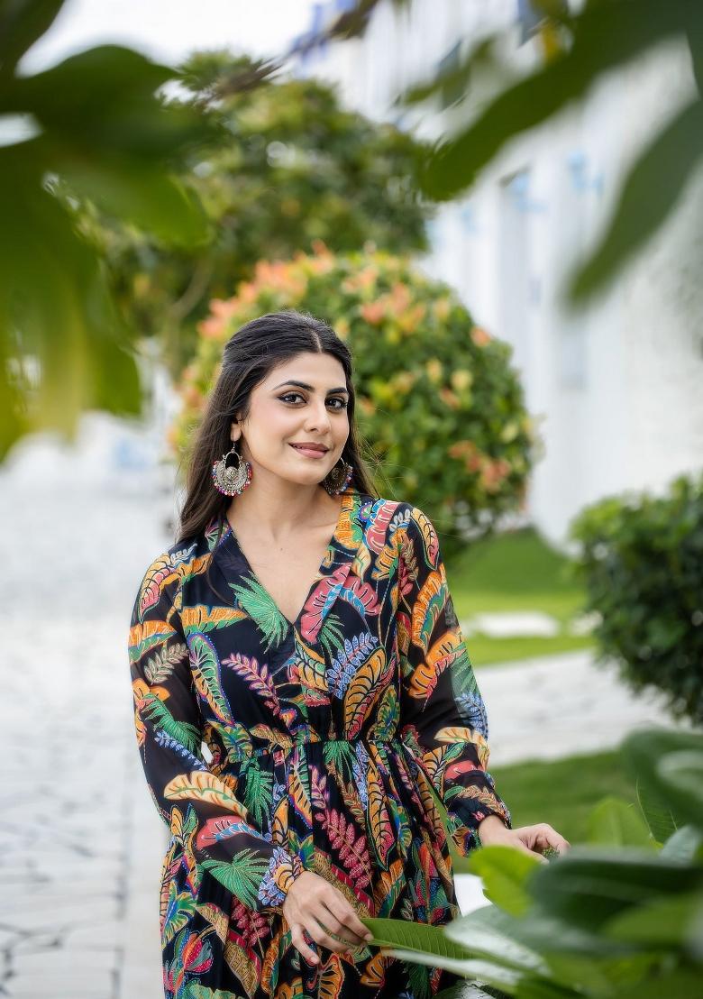 Black Abstract Print Rayon Kurta