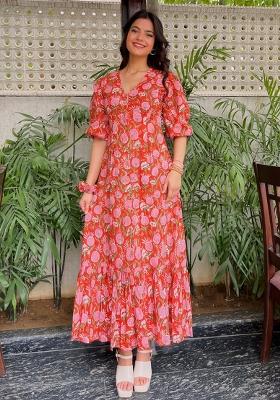 Red Abstract Print Rayon Kurta