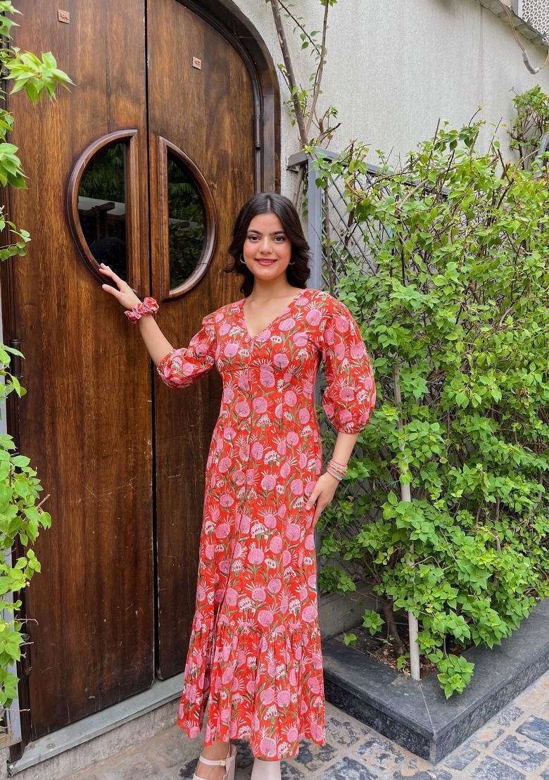 Red Abstract Print Rayon Kurta