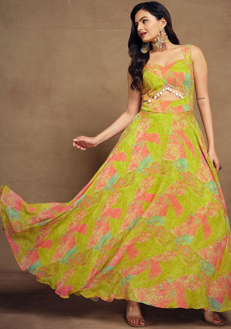 Lime Green Printed Poly Blend Dresses