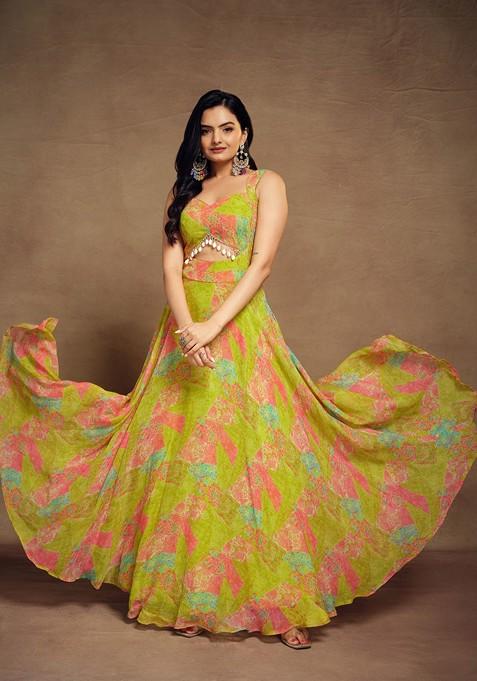Lime Green Printed Poly Blend Dresses