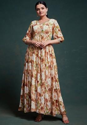 Brown Printed Poly Blend Dresses