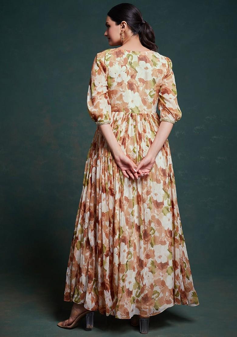 Brown Printed Poly Blend Dresses