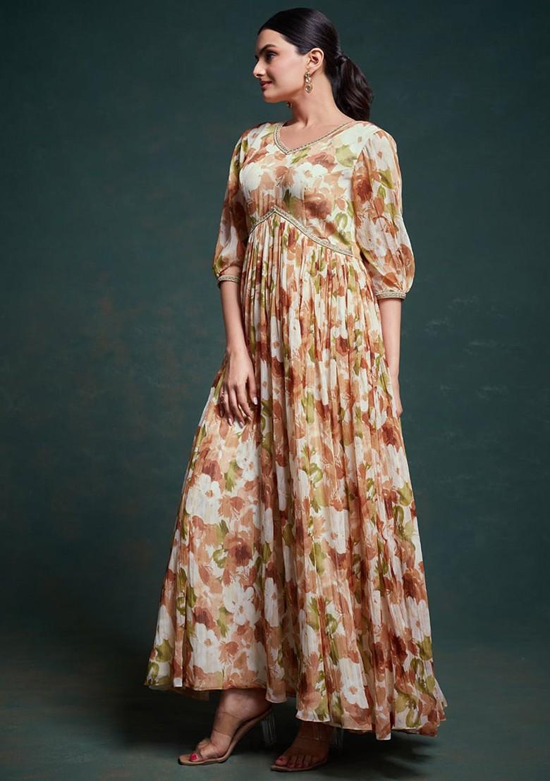 Brown Printed Poly Blend Dresses