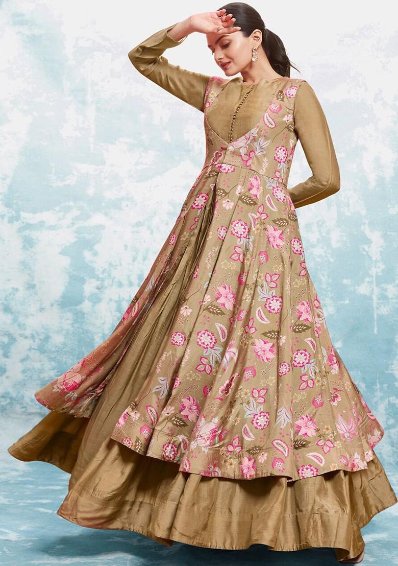 Olive Green Printed Poly Blend Dresses