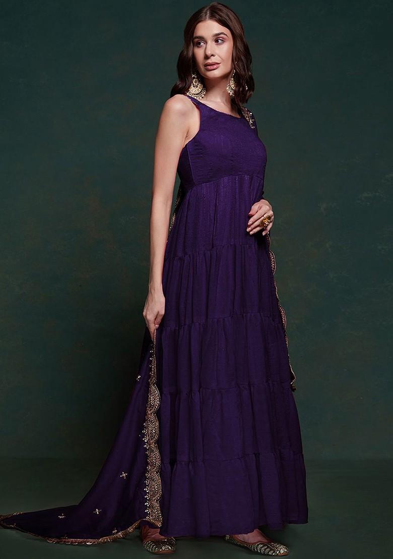 Purple Embroidered Poly Blend Dresses