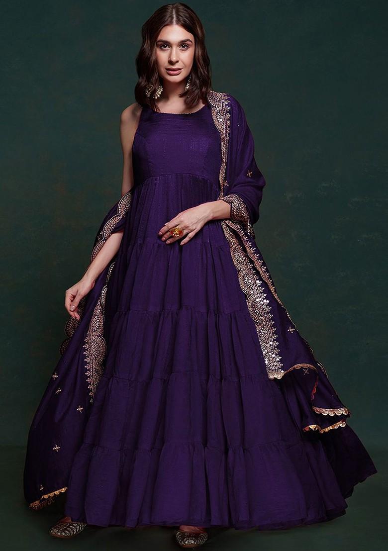 Purple Embroidered Poly Blend Dresses