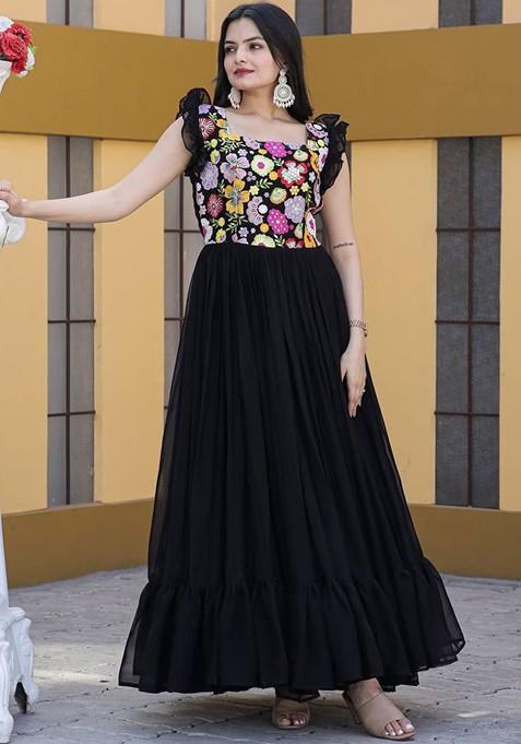 Black Embroidered Poly Blend Dresses