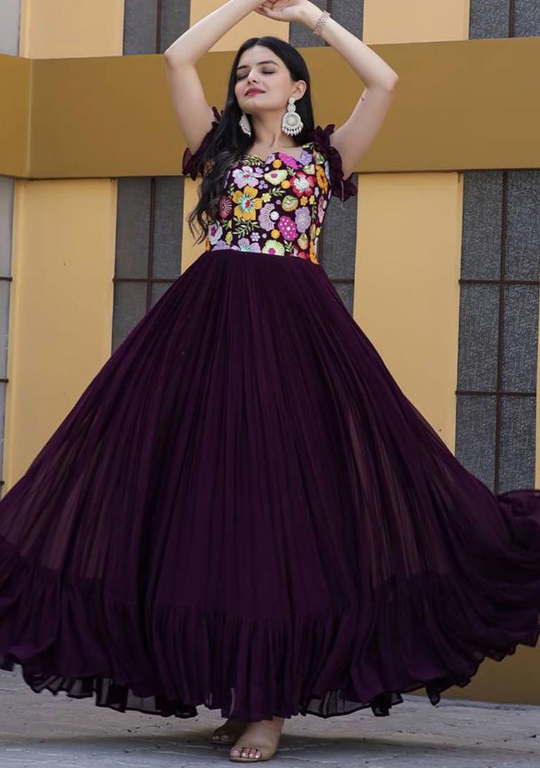 Purple Embroidered Poly Blend Dresses