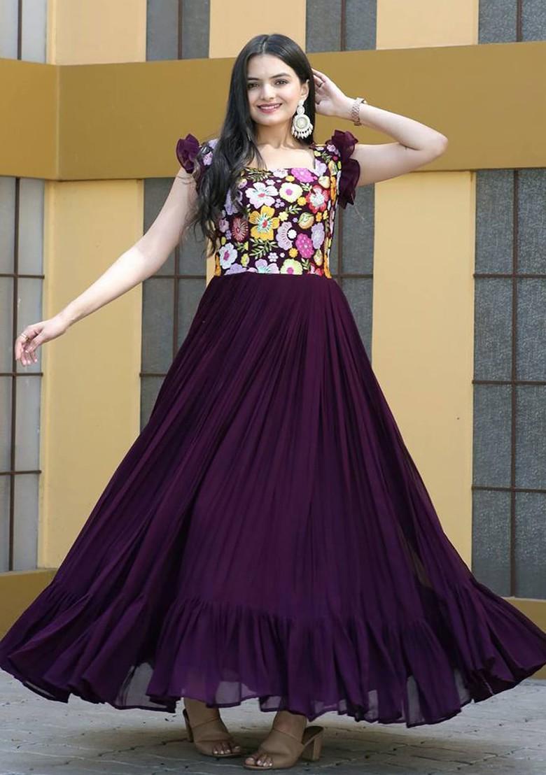 Purple Embroidered Poly Blend Dresses