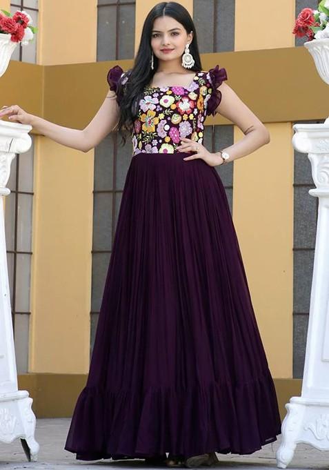 Purple Embroidered Poly Blend Dresses