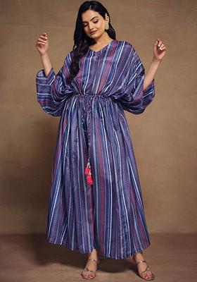 Blue Embroidered Poly Blend Dresses