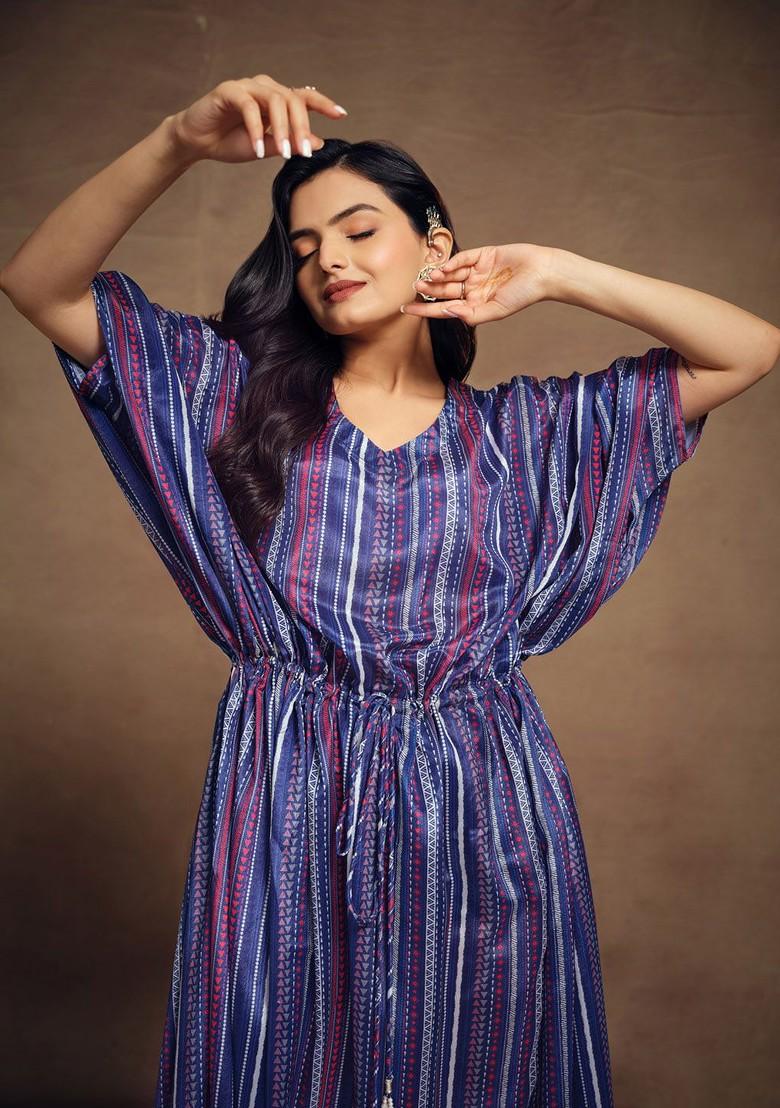 Blue Embroidered Poly Blend Dresses