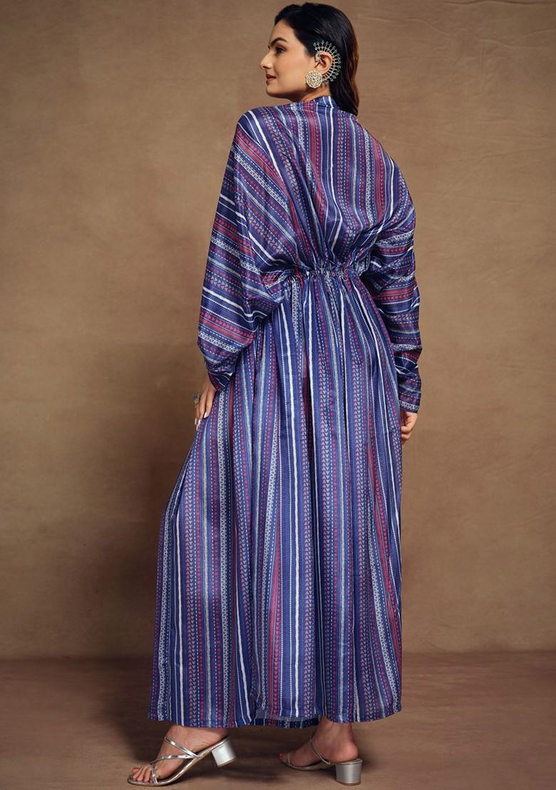 Blue Embroidered Poly Blend Dresses