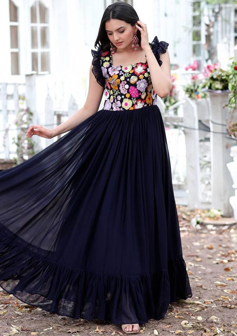 Navy Blue Embroidered Poly Blend Dresses