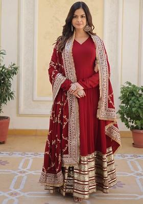 Red Embroidered Poly Blend Dresses