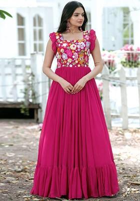 Pink Embroidered Poly Blend Dresses