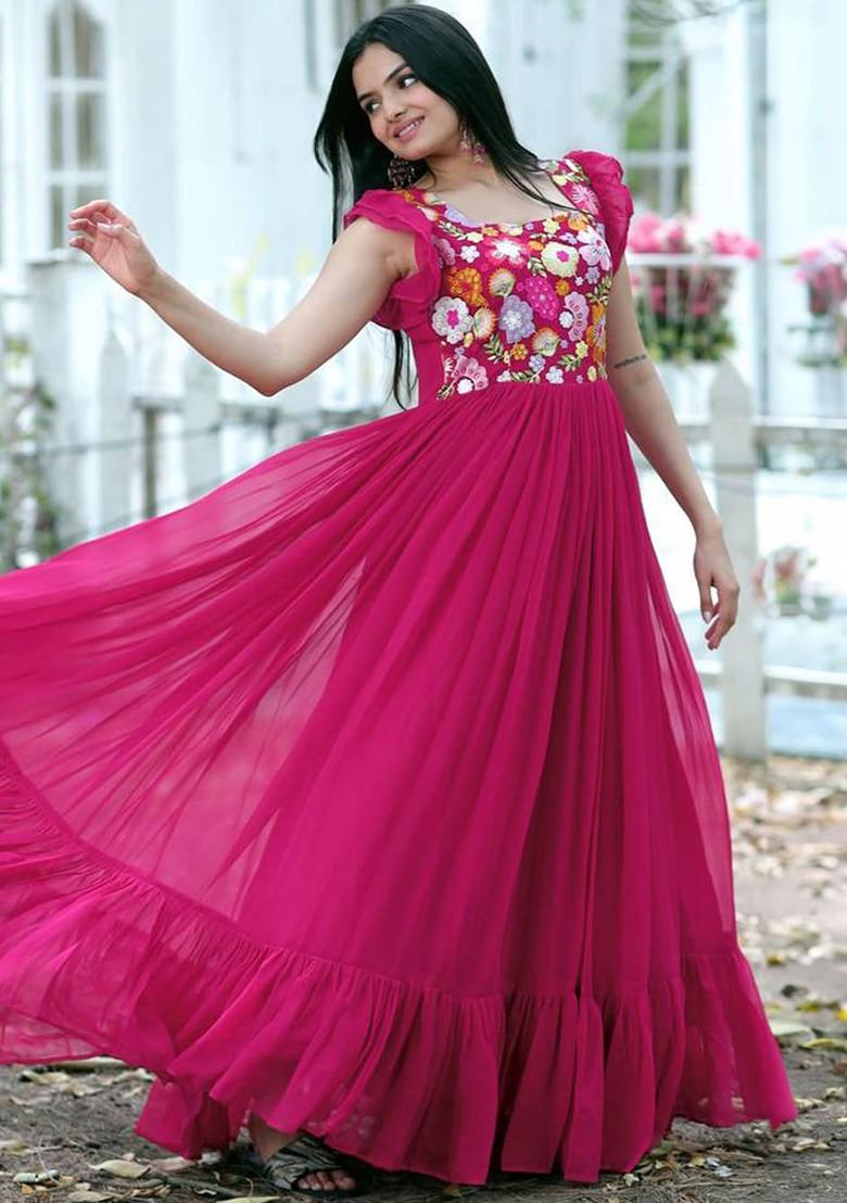 Pink Embroidered Poly Blend Dresses