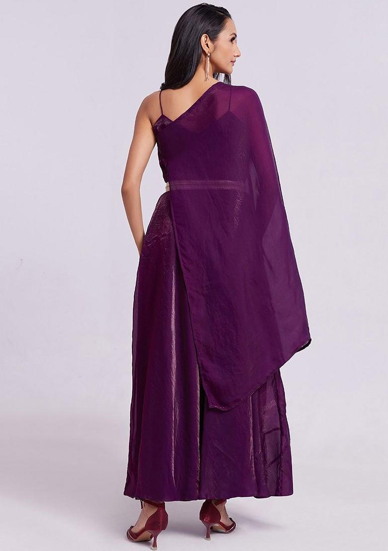 Purple Embroidered Poly Blend Dresses