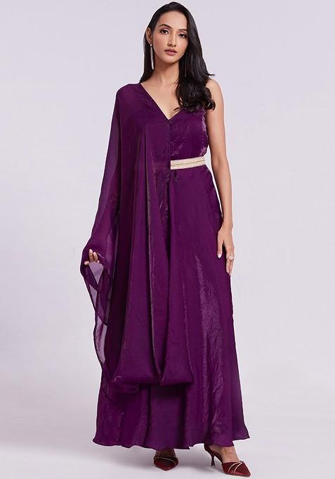 Purple Embroidered Poly Blend Dresses