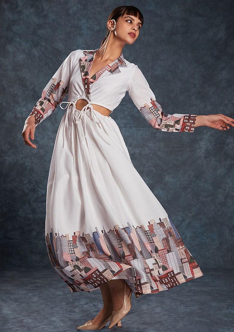 White Printed Poly Blend Dresses