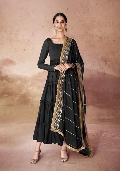 Black Embroidered Poly Blend Dresses