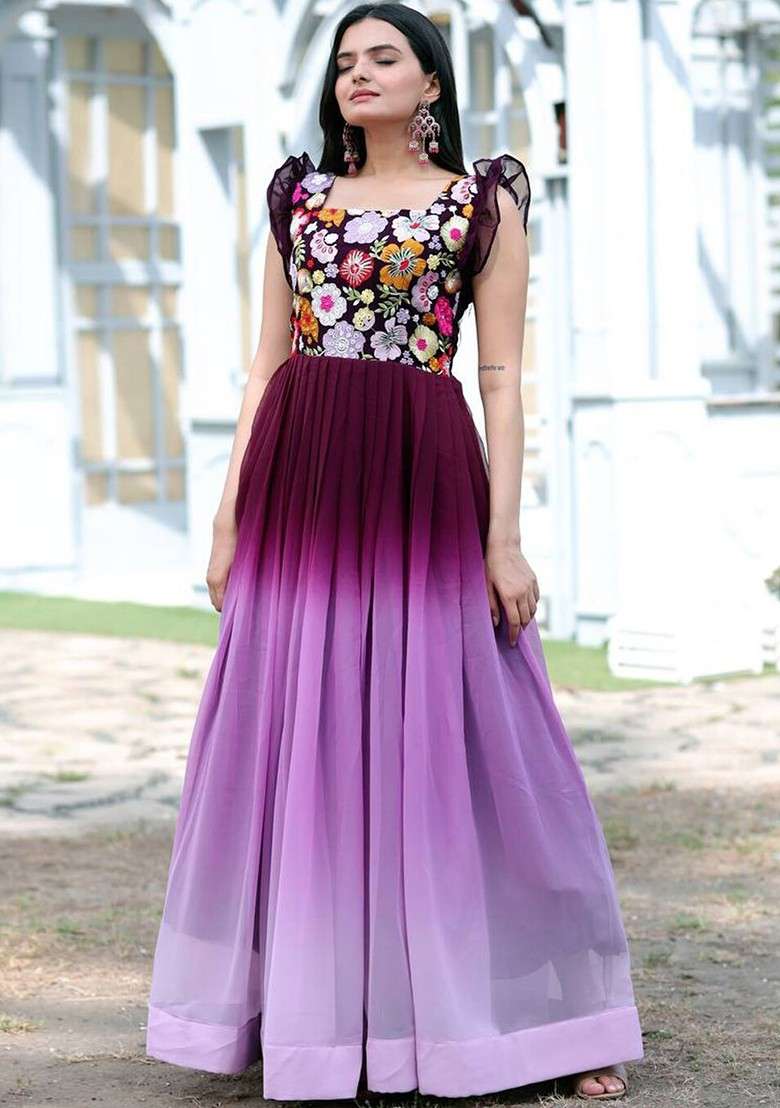 Purple Embroidered Poly Blend Dresses - Indya