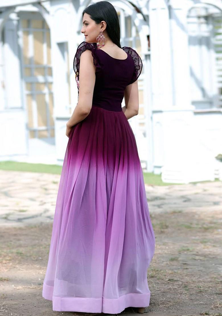 Purple Embroidered Poly Blend Dresses