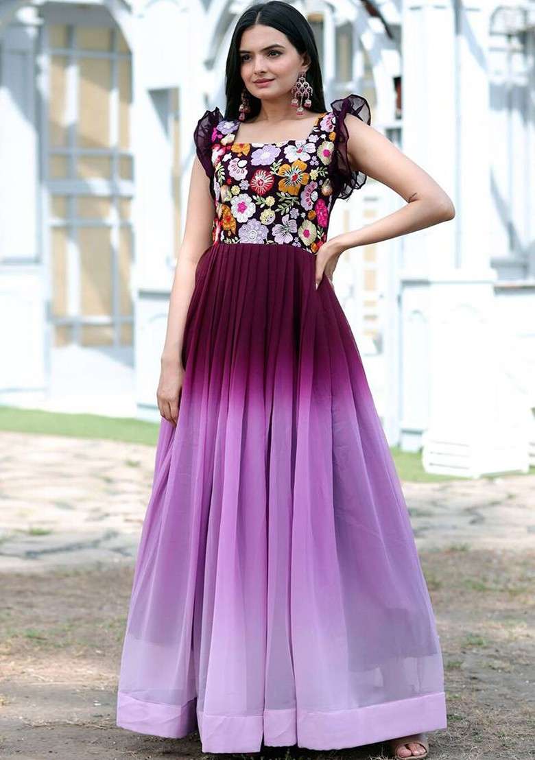 Purple Embroidered Poly Blend Dresses - Indya