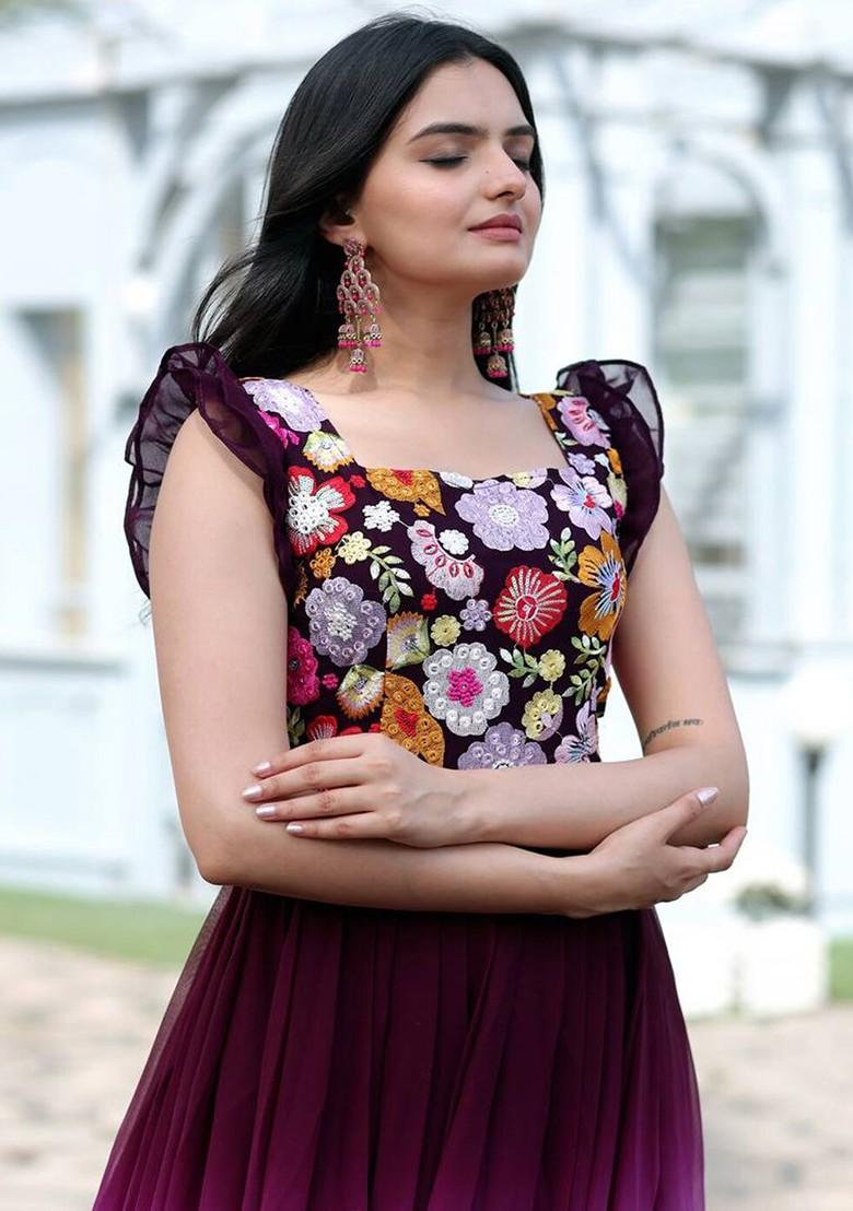 Purple Embroidered Poly Blend Dresses