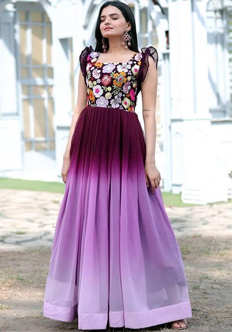 Purple Embroidered Poly Blend Dresses