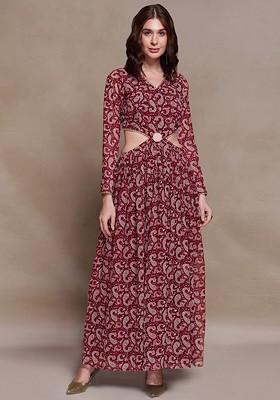 Maroon Printed Poly Blend Dresses