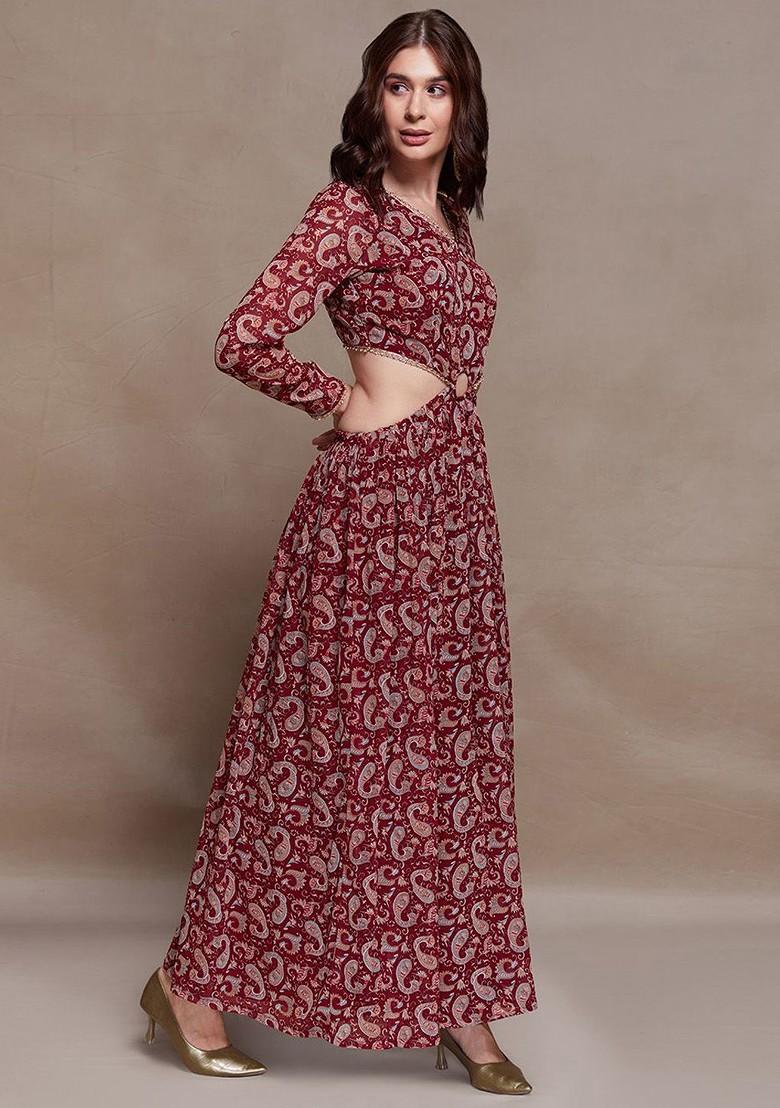 Maroon Printed Poly Blend Dresses