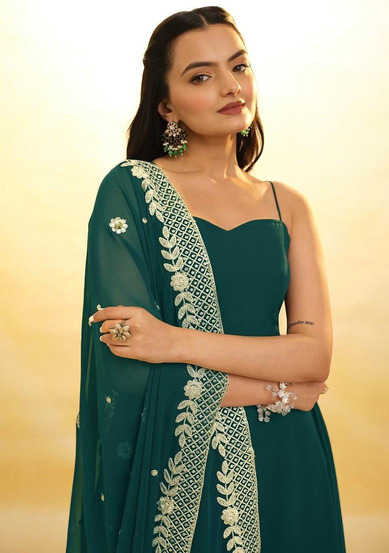 Teal Green Embroidered Poly Blend Dresses