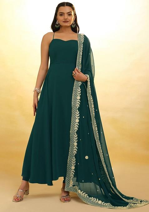 Teal Green Embroidered Poly Blend Dresses