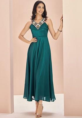 Teal Green Embroidered Poly Blend Dresses
